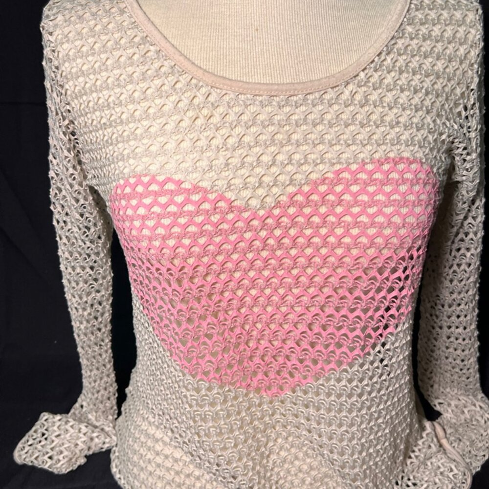 Miss Popular Women Large Beige Netting Mesh Long Sleeve Pink Heart Blouse